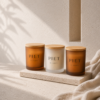 PIET Duftkerzen in Amberglas und Frostglas mit Bambusdeckel